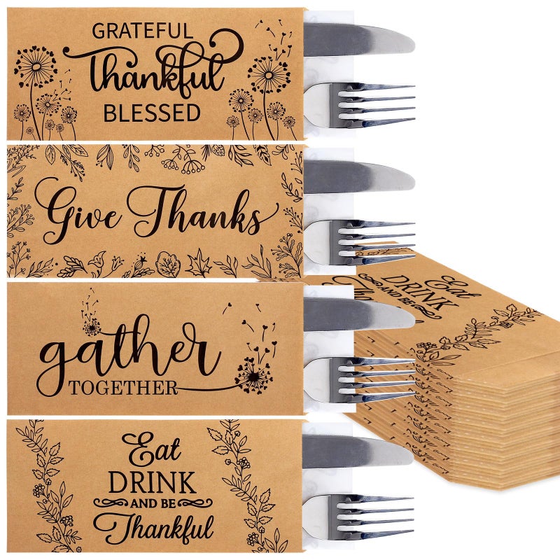 Whaline 100 Pack Fall Thanksgiving Silverware Bags Rustic Farmhouse Design Kraft Paper Cutlery Bags Autumn Utensil Holders Reusable for Thanksgiving Table Decoration Autumn Fall Harvest Party Supplies